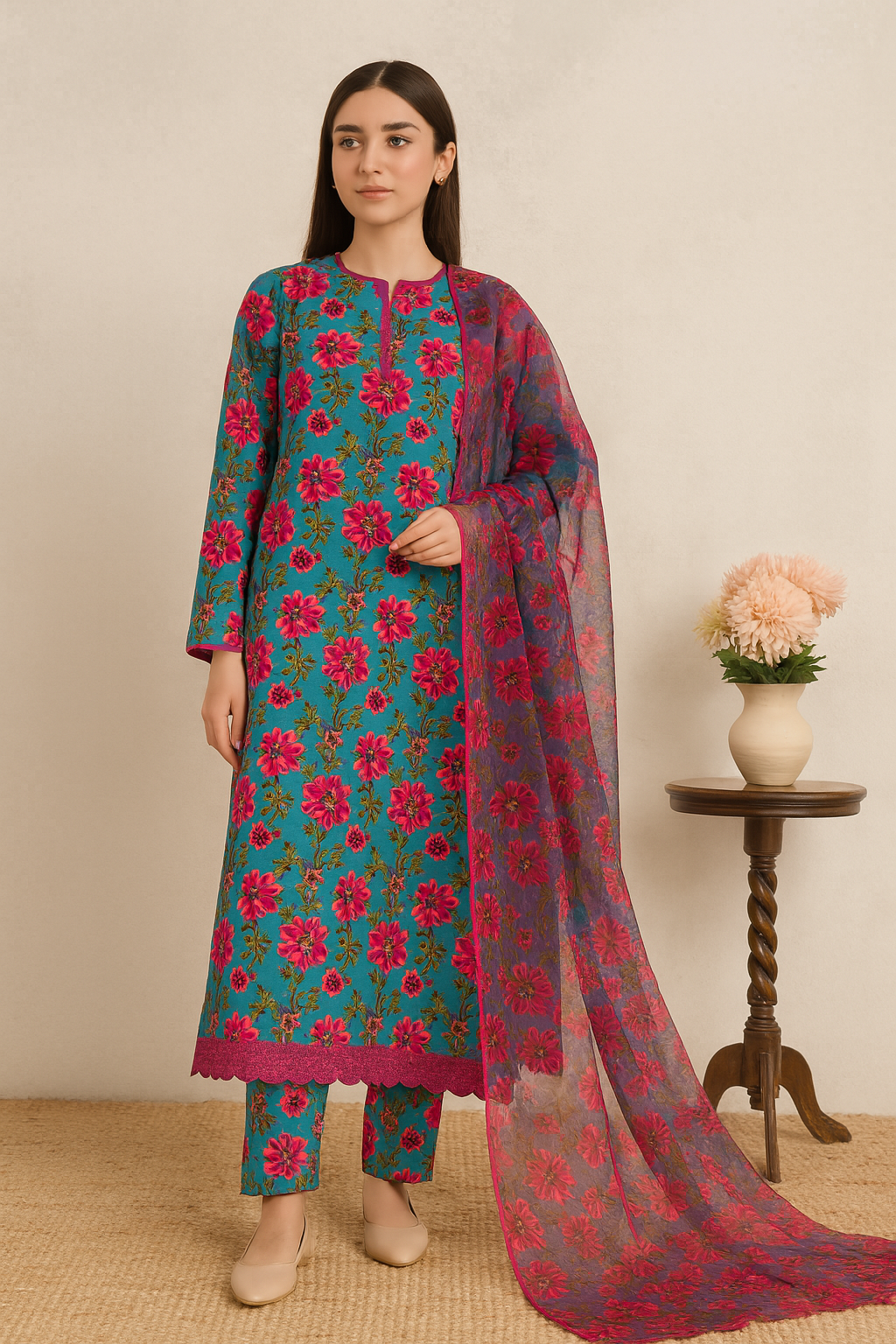 Turquoise & Pink Floral 3-Piece Unstitched Suit