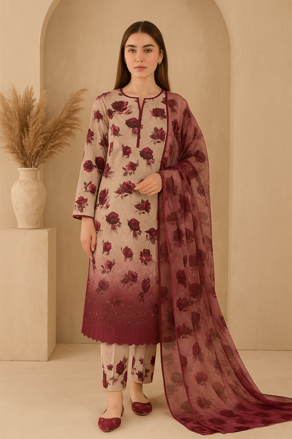Beige & Maroon Floral 3-Piece Suit with Chiffon Dupatta