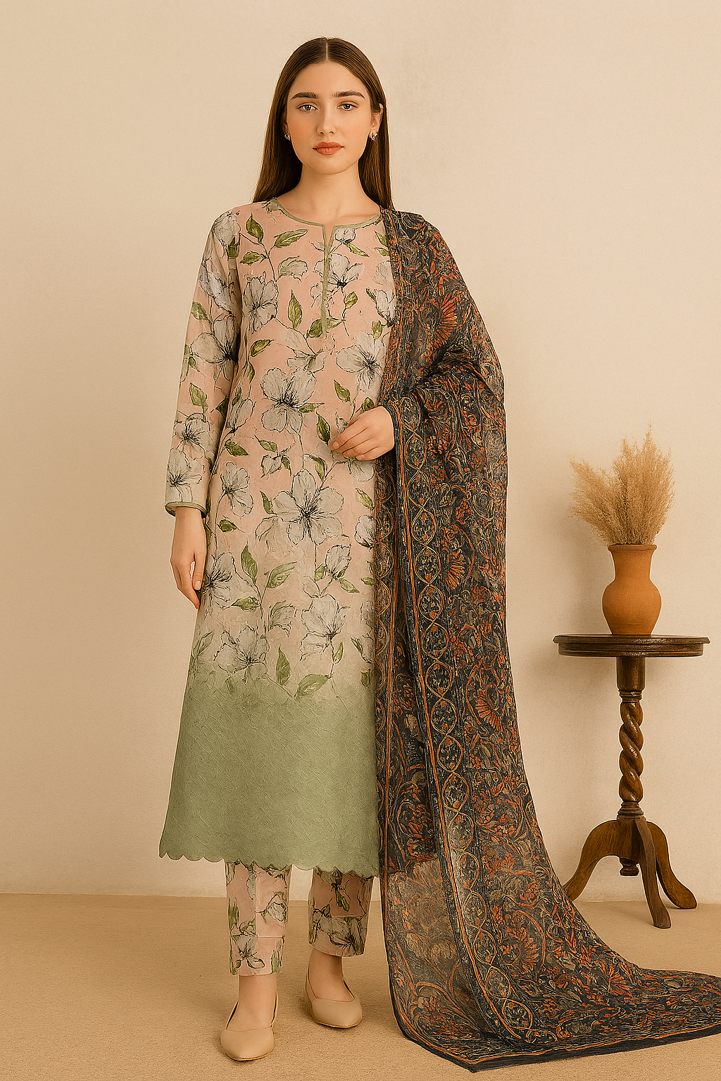 Pastel Green & Floral Unstitched 3-Piece Suit