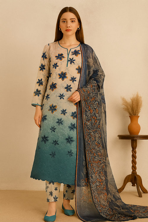 Beige & Blue Floral Unstitched 3-Piece Suit