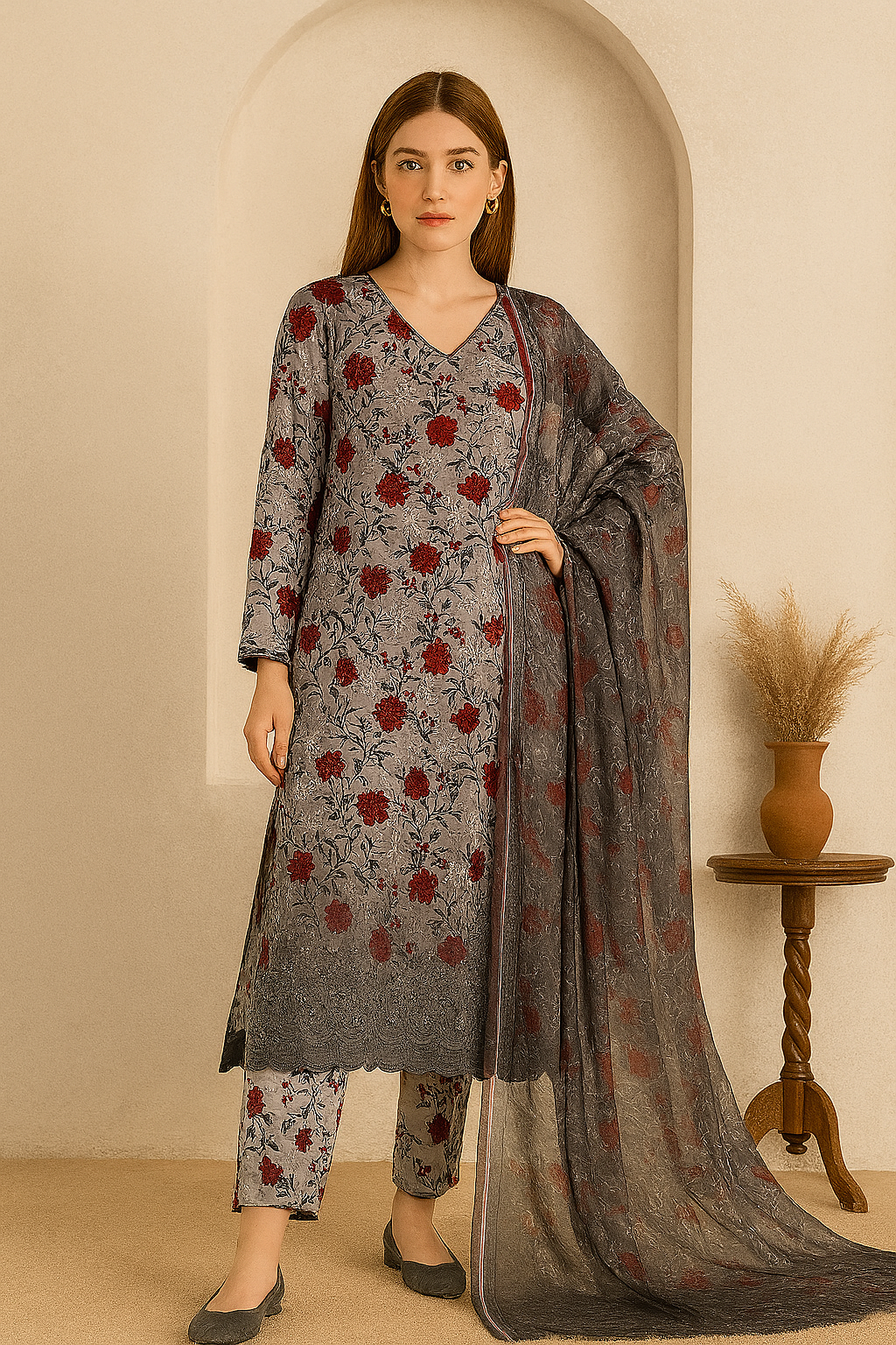 Charcoal Base Red Rose Printed Suit