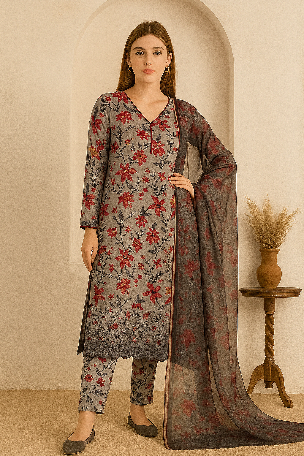 Charcoal Floral Unstitched Suit with Chiffon Dupatta