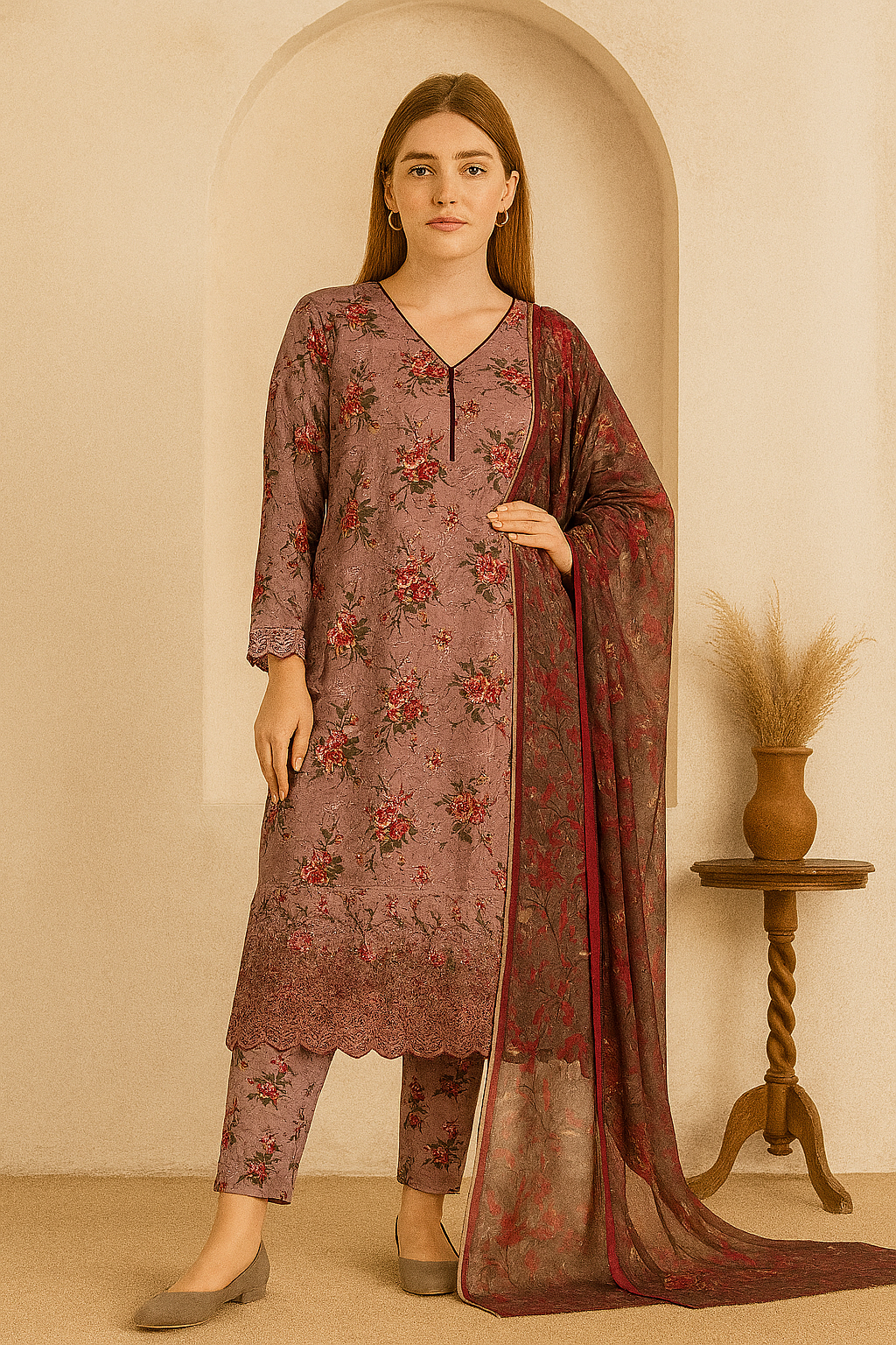 Blush Pink Unstitched Suit with Rose Prints