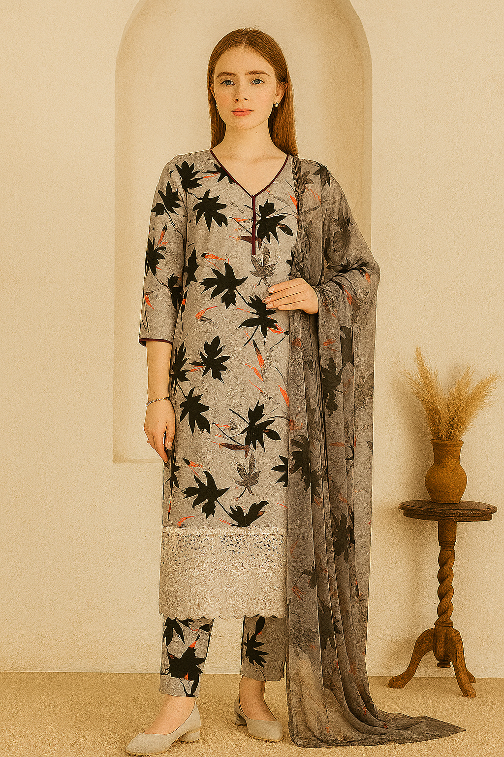 Cream Base with Bold Floral Unstitched Suit