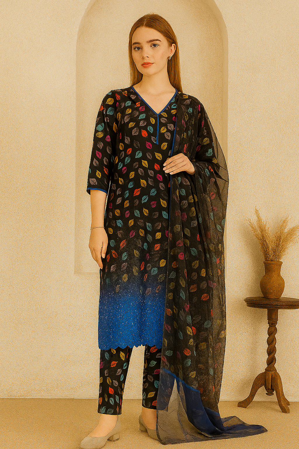 Black Multicolor Floral 3-Piece Suit with Blue Dupatta