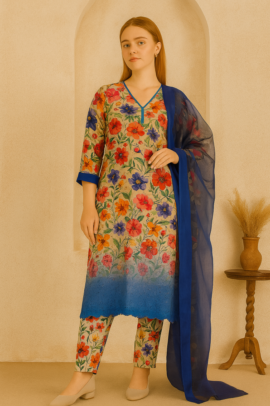 White Multicolor Floral 3-Piece Suit with Blue Dupatta