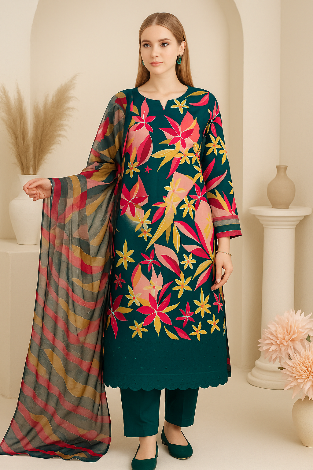 Teal Base with Bold Pink & Yellow Floral 3-Piece Suit