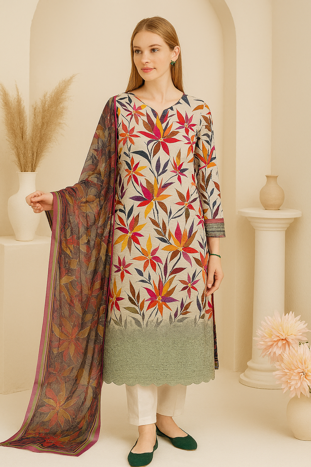 Soft Beige Floral Unstitched Suit