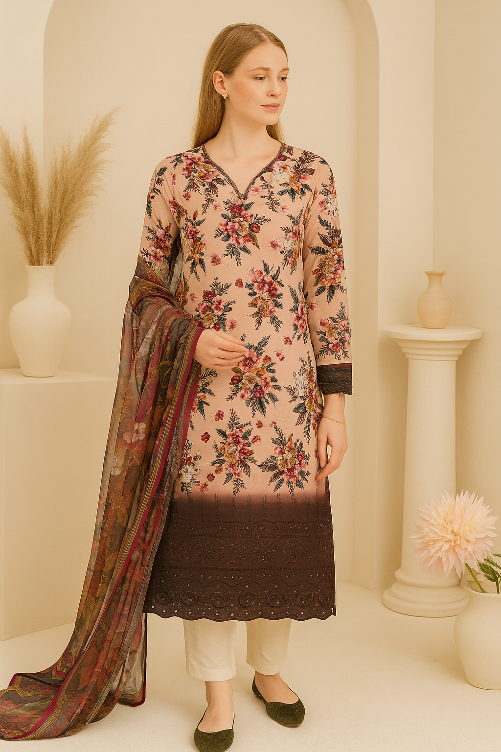 Soft Peach Base Multicolor Floral Unstitched Suit