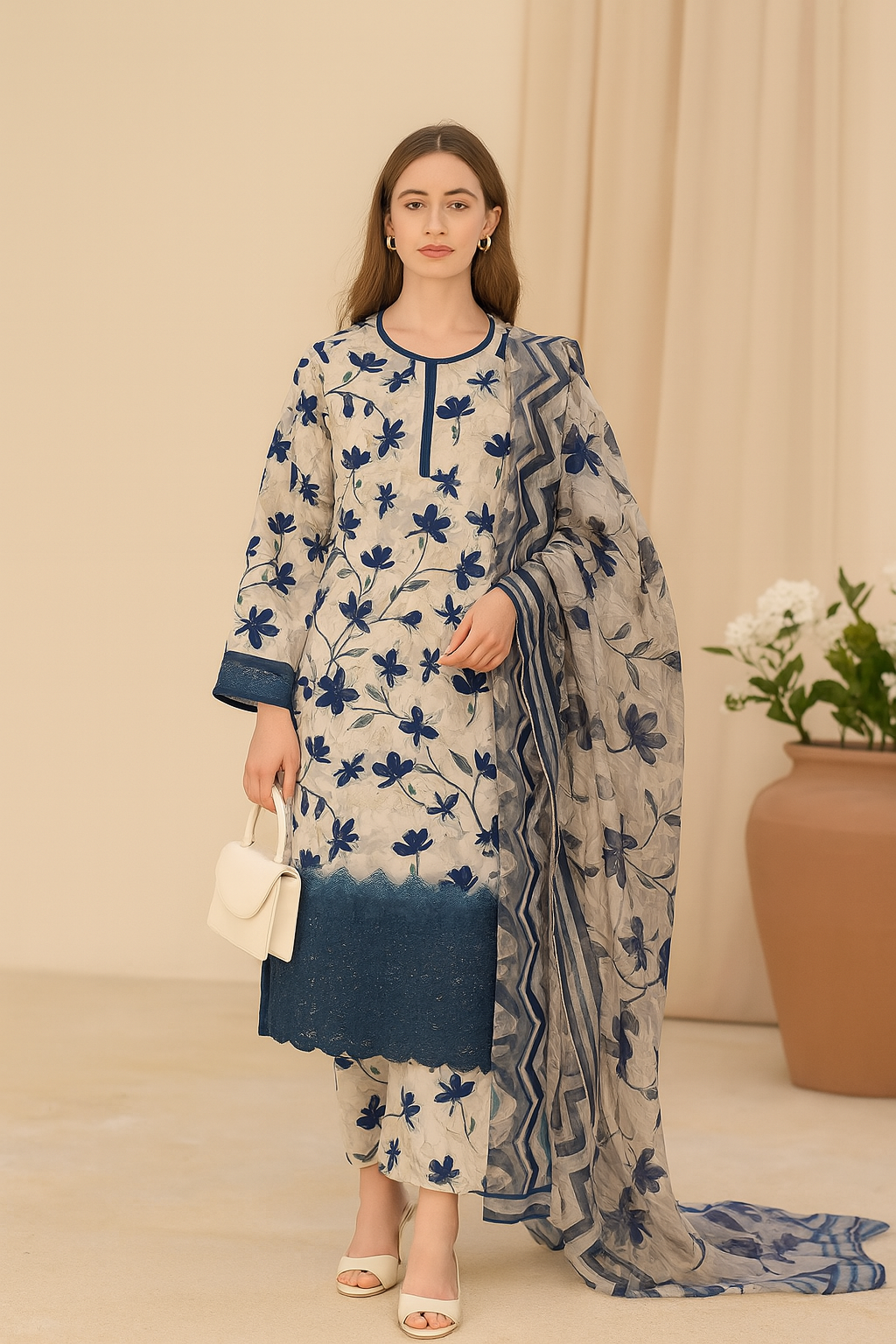 Cream & Blue Floral 3-Piece Suit