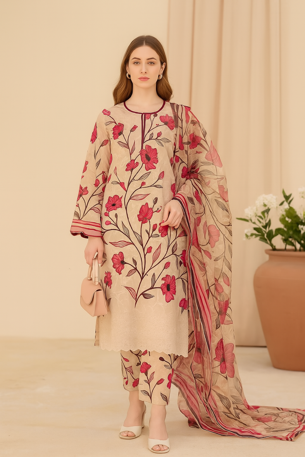 Unstitched Beige Floral Suit with Red Dupatta