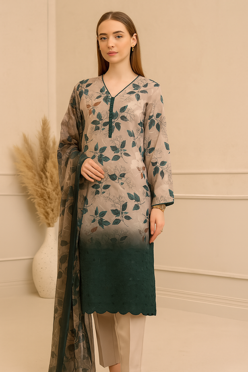 Beige & Green Floral 3-Piece Suit
