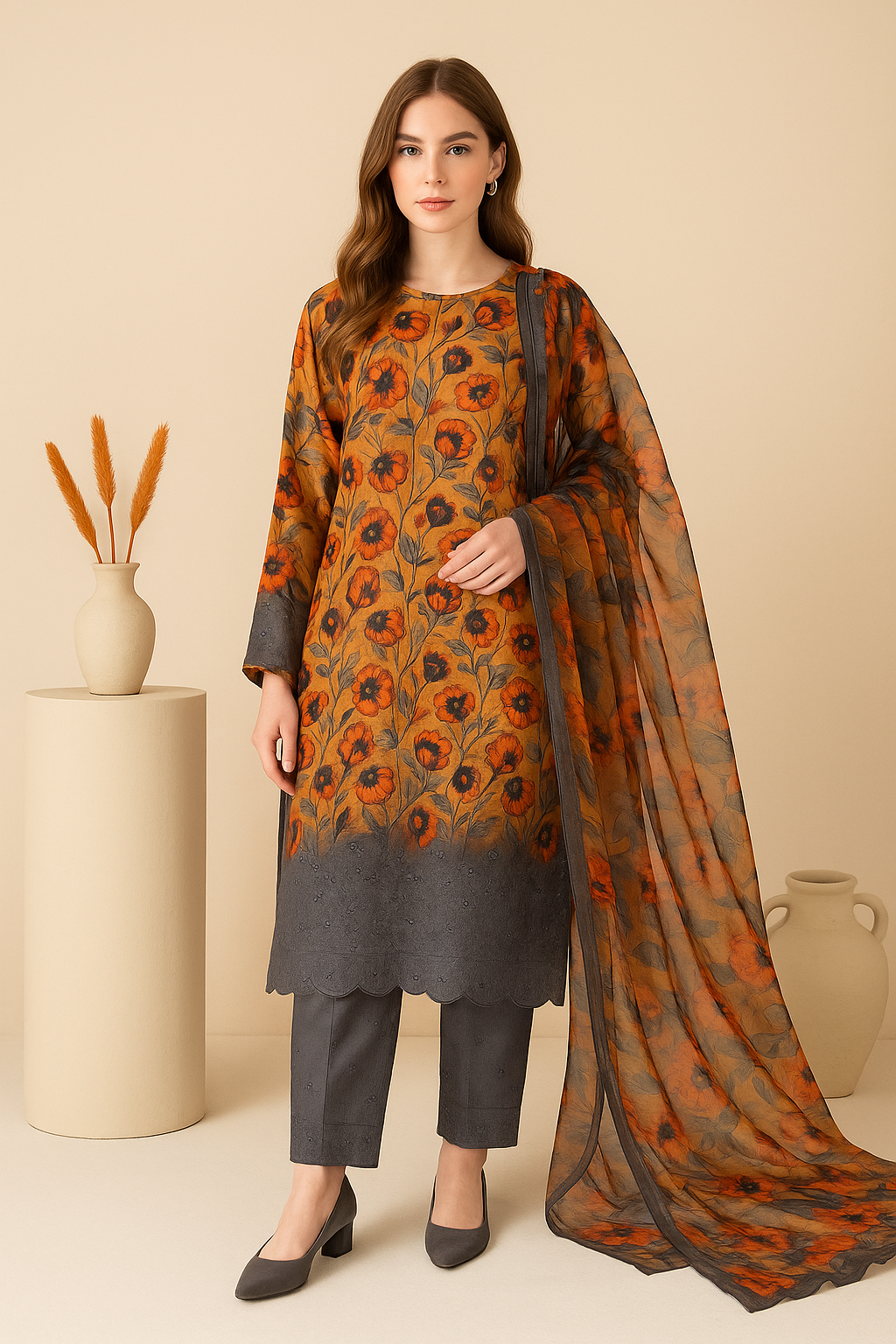 Burnt Bloom – 3PC Unstitched Suit