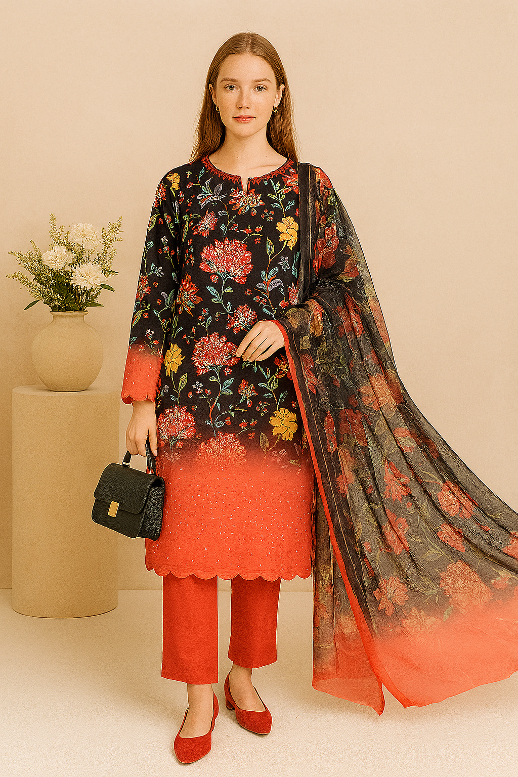 Crimson Flora – 3PC Unstitched Suit