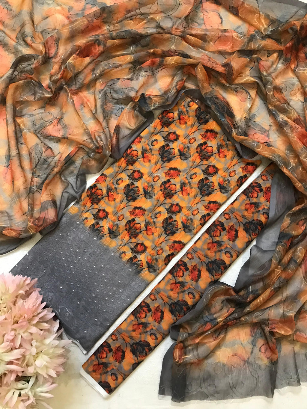 Burnt Bloom – 3PC Unstitched Suit