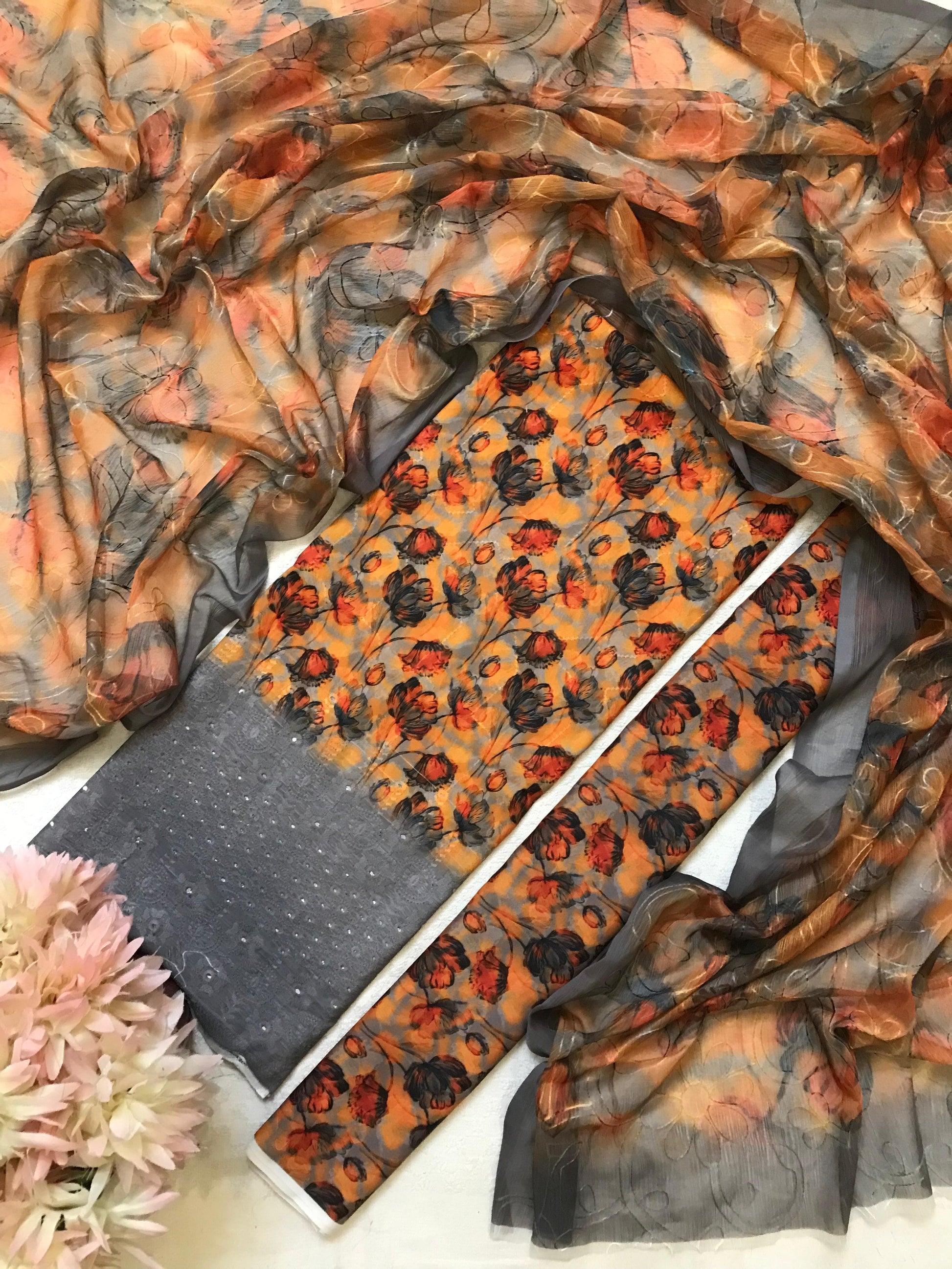 Burnt Bloom – 3PC Unstitched Suit