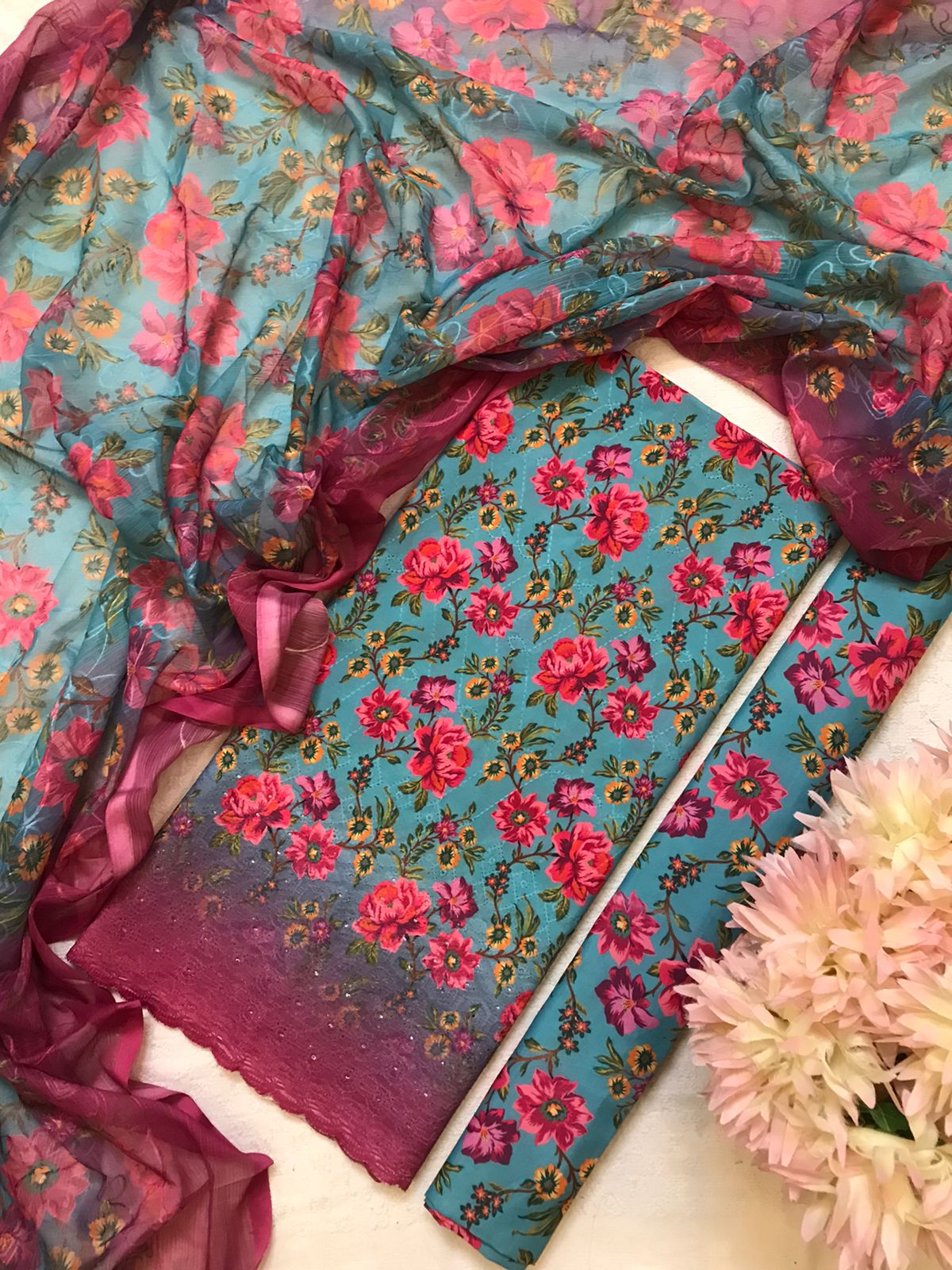 Turquoise & Pink Floral 3-Piece Unstitched Suit