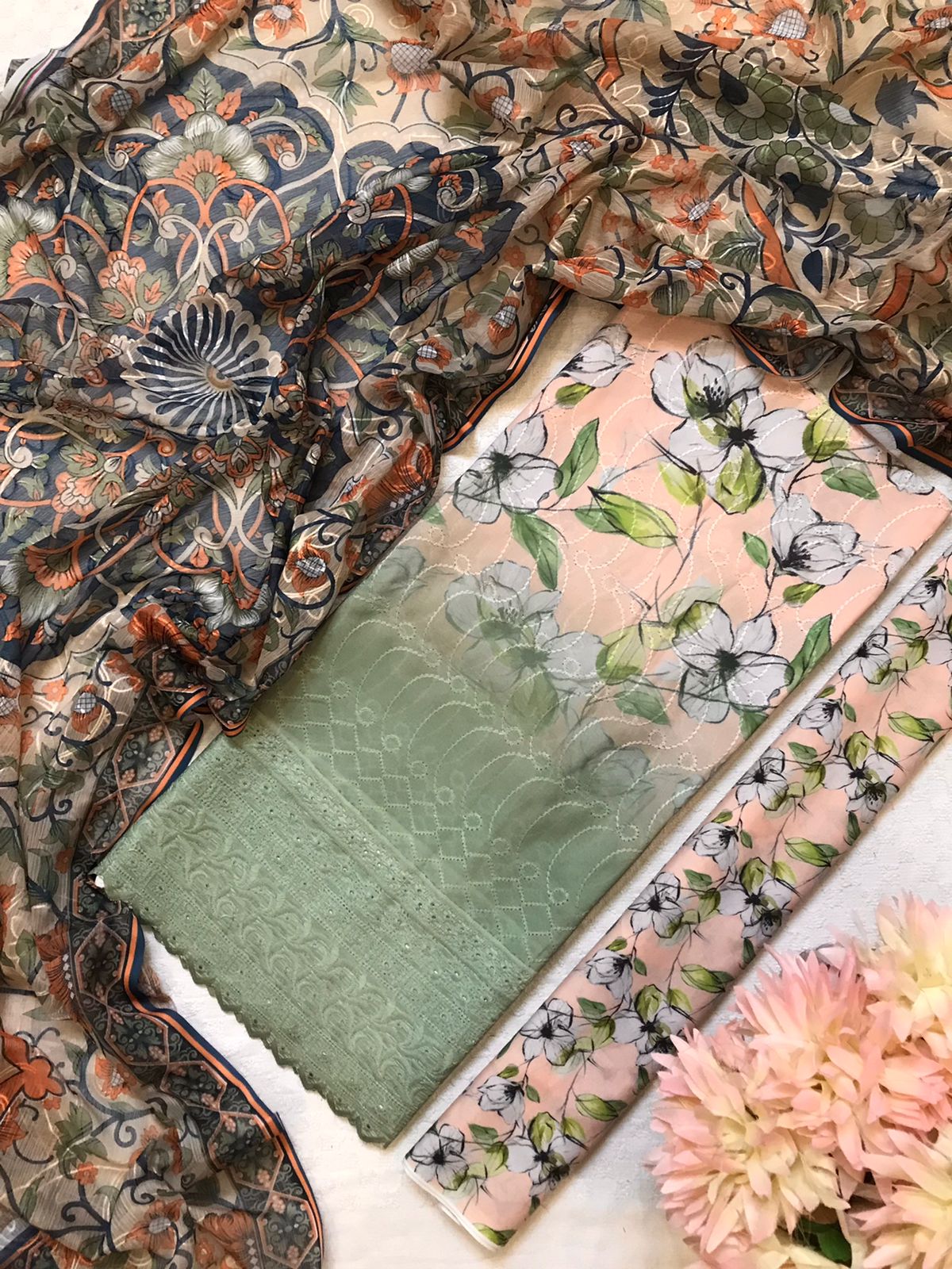 Pastel Green & Floral Unstitched 3-Piece Suit