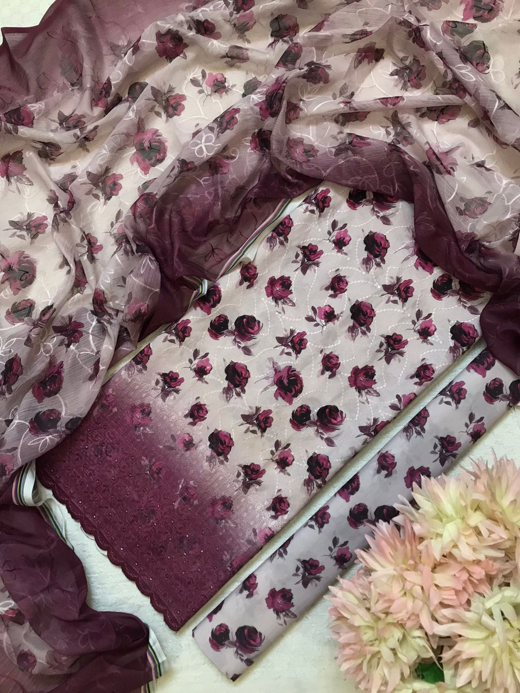 Beige & Maroon Floral 3-Piece Suit with Chiffon Dupatta