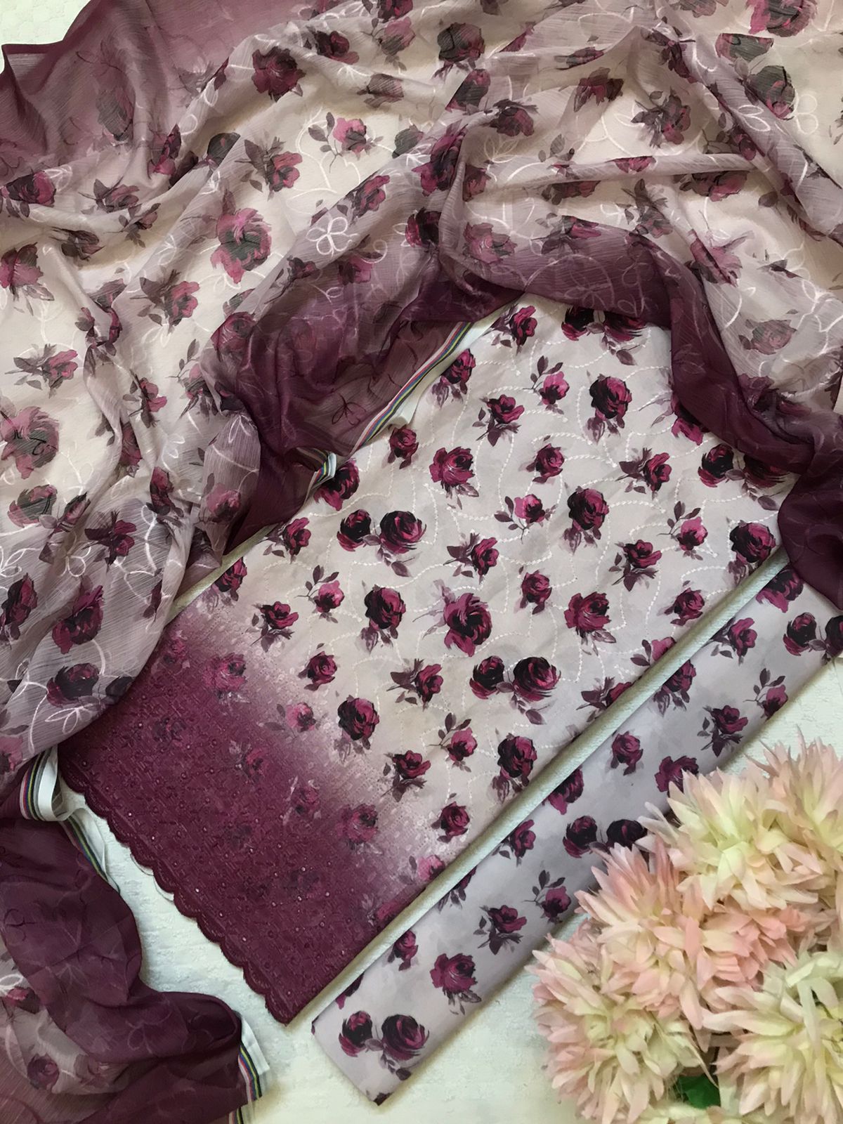 Beige & Maroon Floral 3-Piece Suit with Chiffon Dupatta