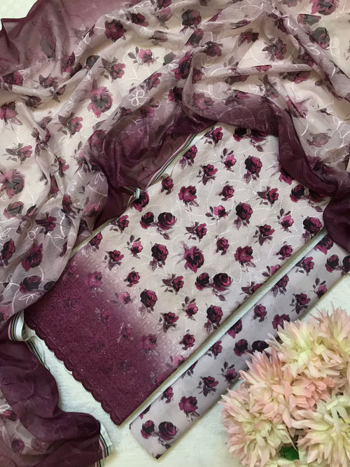 Beige & Maroon Floral 3-Piece Suit with Chiffon Dupatta
