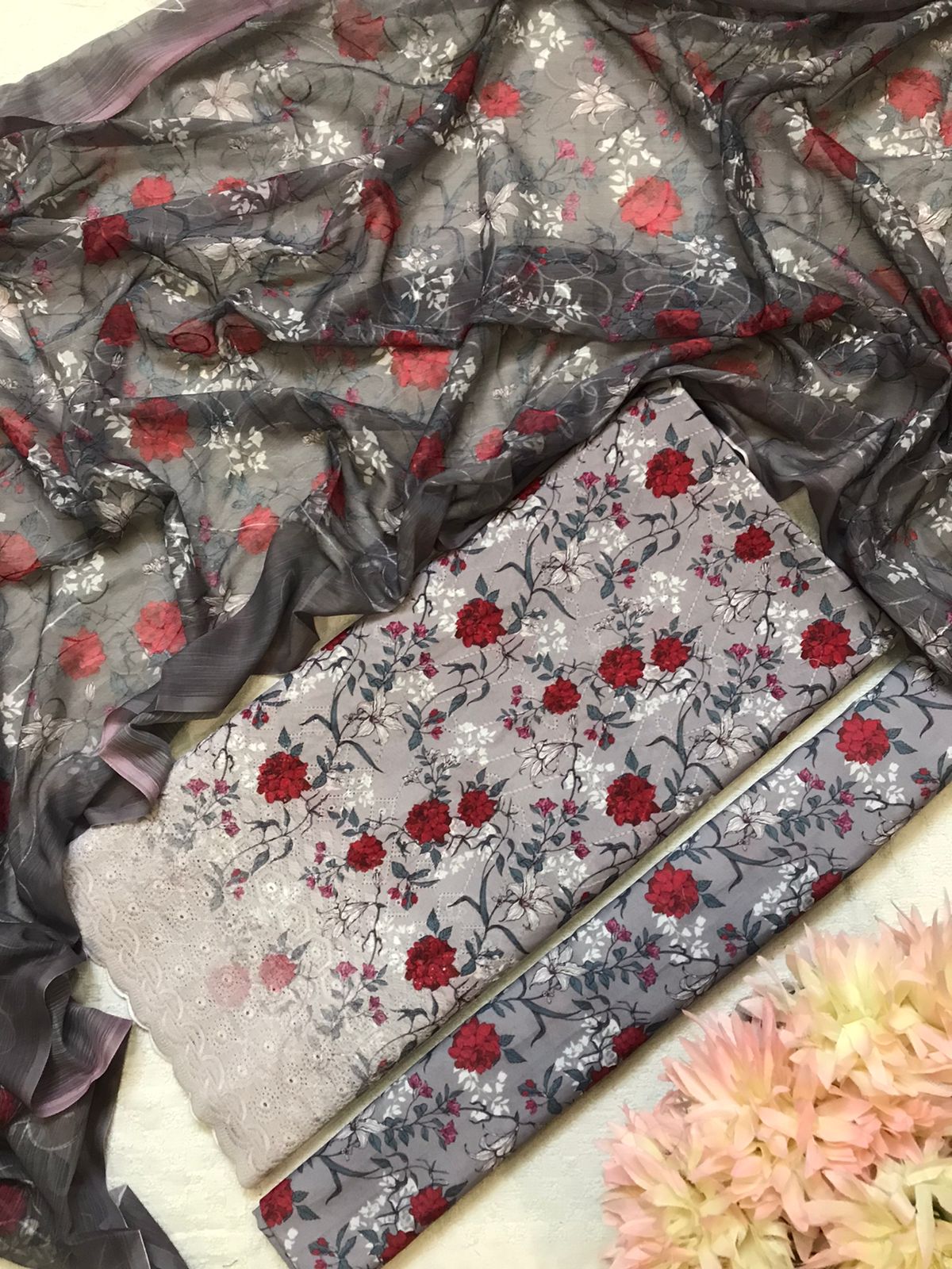 Charcoal Base Red Rose Printed Suit