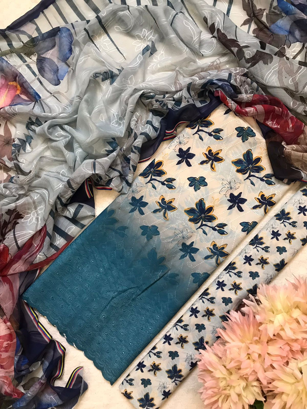 Cream & Blue Floral 3-Piece Suit