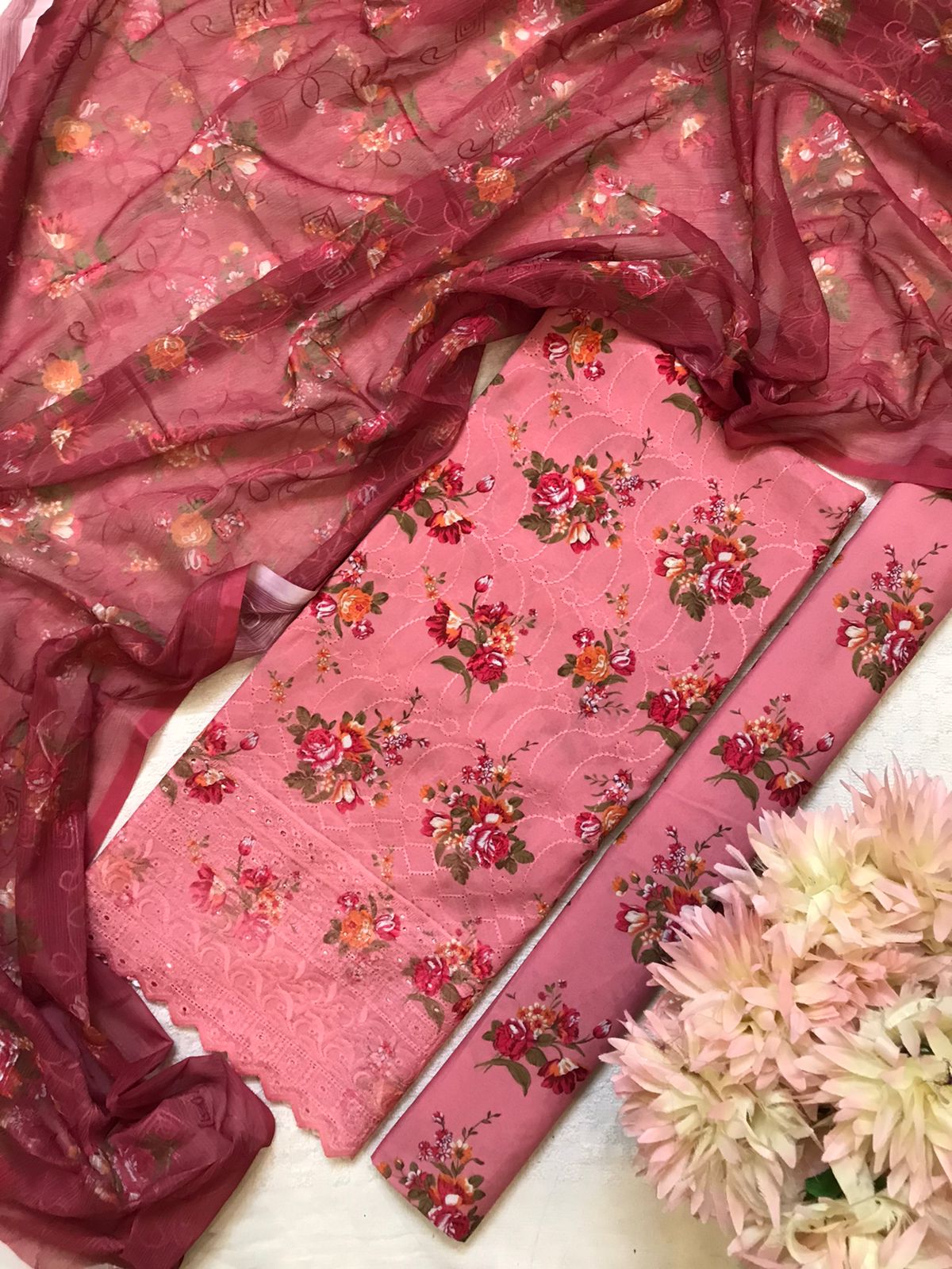 Blush Pink Unstitched Suit with Rose Prints