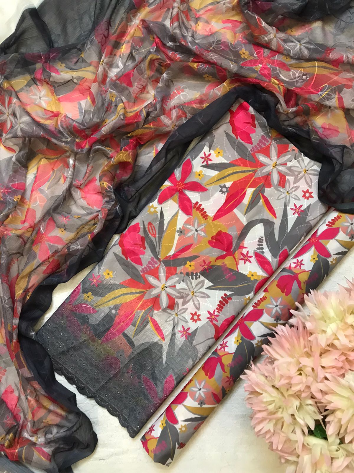 Charcoal Floral Unstitched Suit with Chiffon Dupatta
