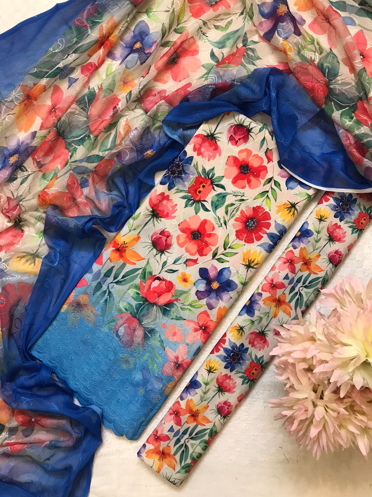 White Multicolor Floral 3-Piece Suit with Blue Dupatta