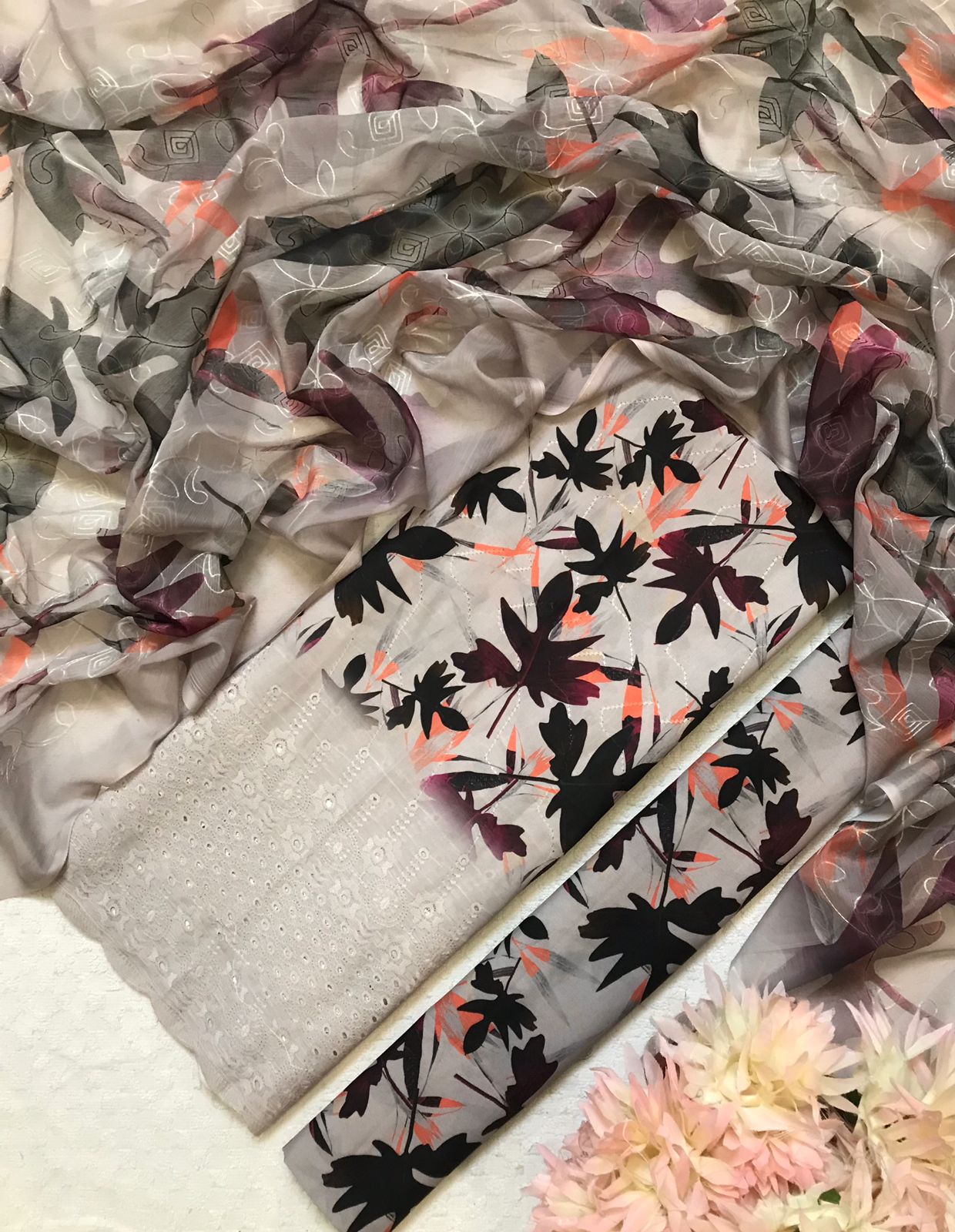 Cream Base with Bold Floral Unstitched Suit