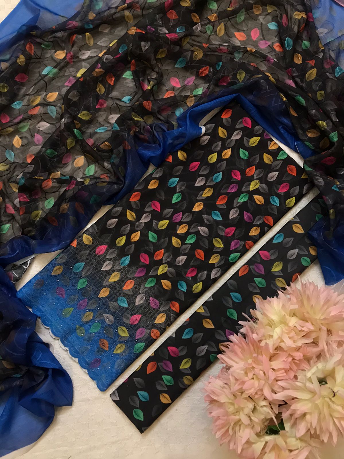 Black Multicolor Floral 3-Piece Suit with Blue Dupatta
