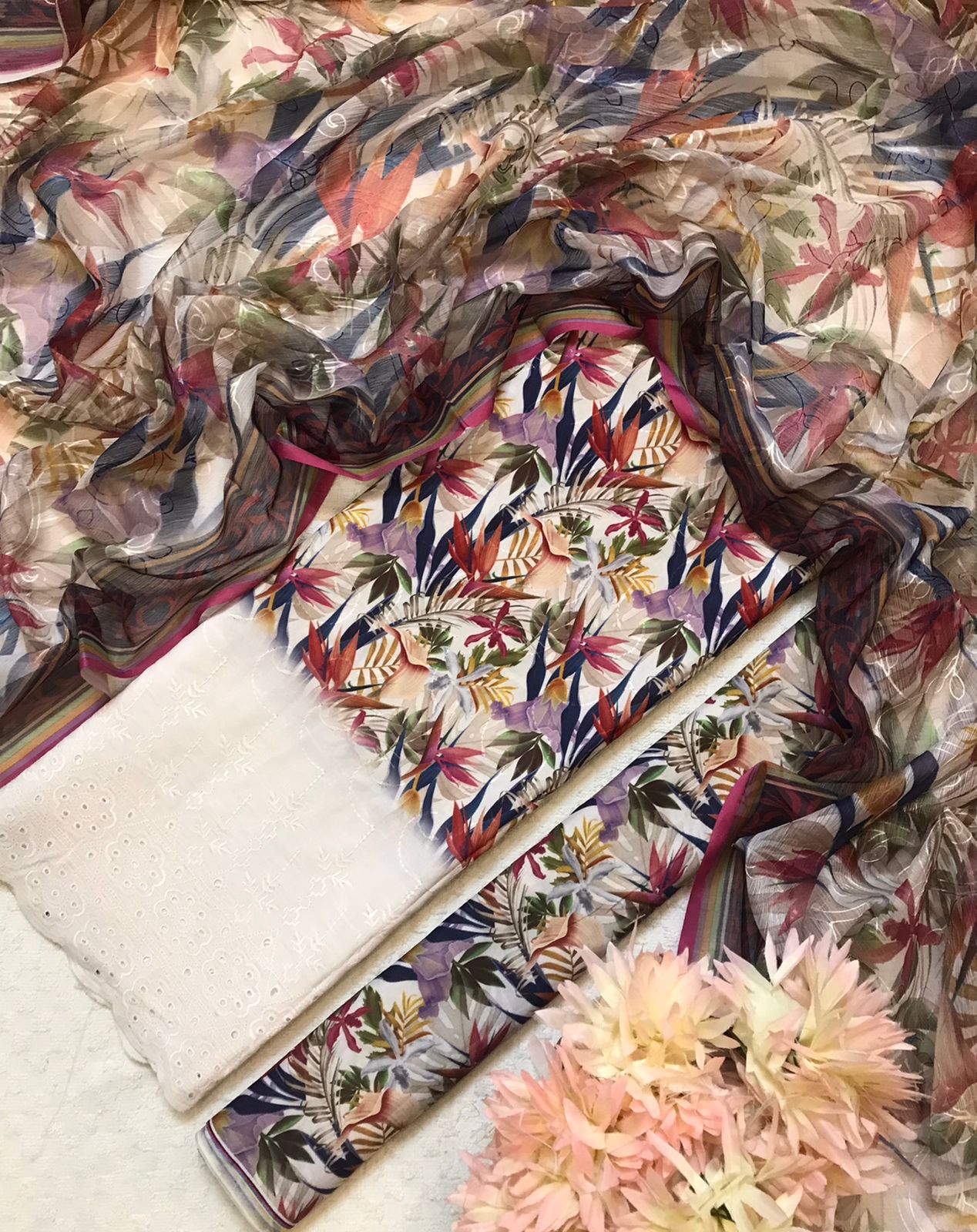 Soft Beige Floral Unstitched Suit