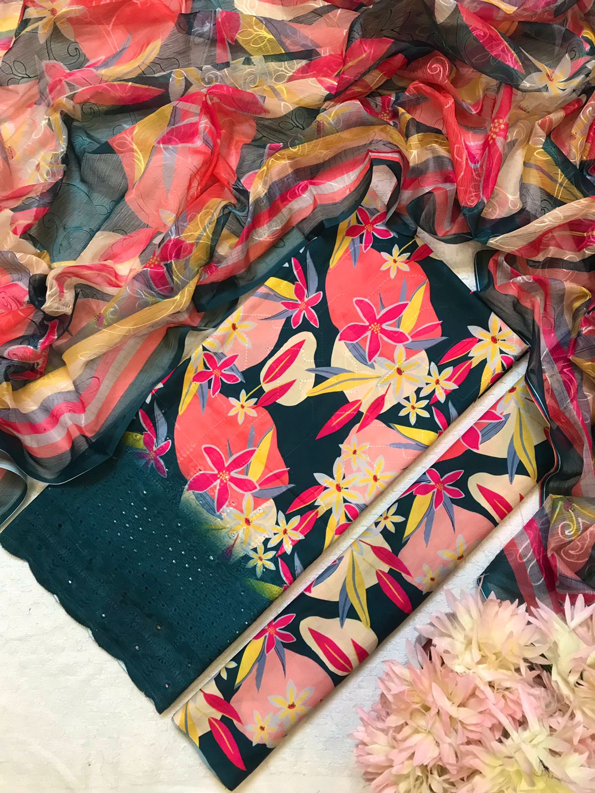 Teal Base with Bold Pink & Yellow Floral 3-Piece Suit