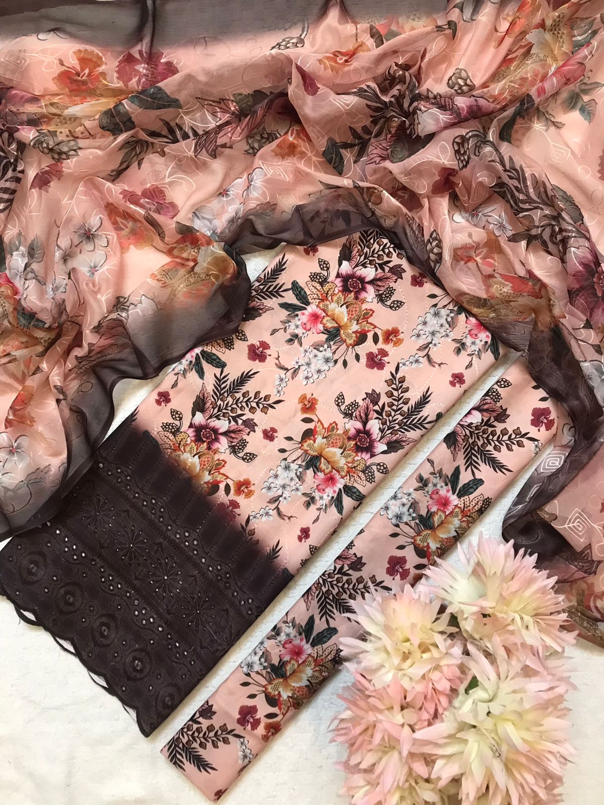 Soft Peach Base Multicolor Floral Unstitched Suit