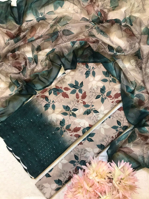 Beige & Green Floral 3-Piece Suit