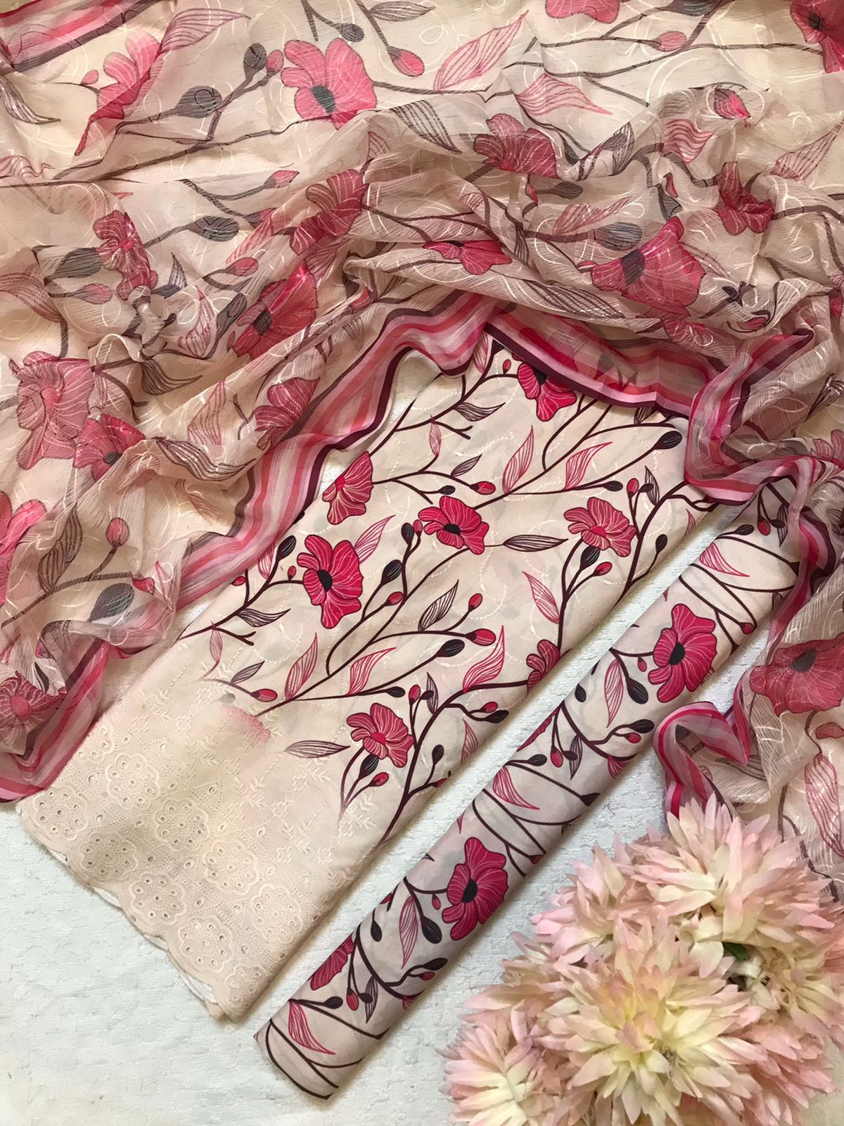 Unstitched Beige Floral Suit with Red Dupatta